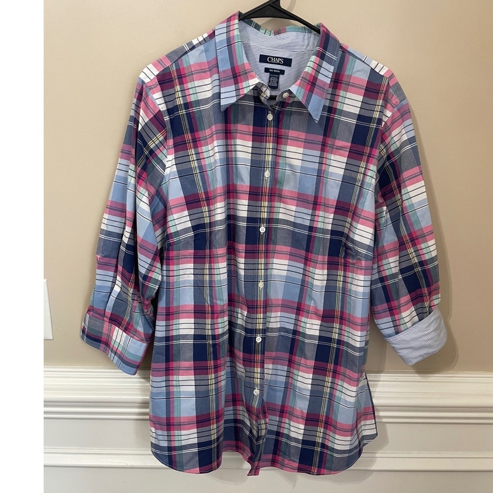 Chaps Womens 2X No Iron Plaid Button Down Shirt 3/4 Sleeve Pink Blue Multi Color
